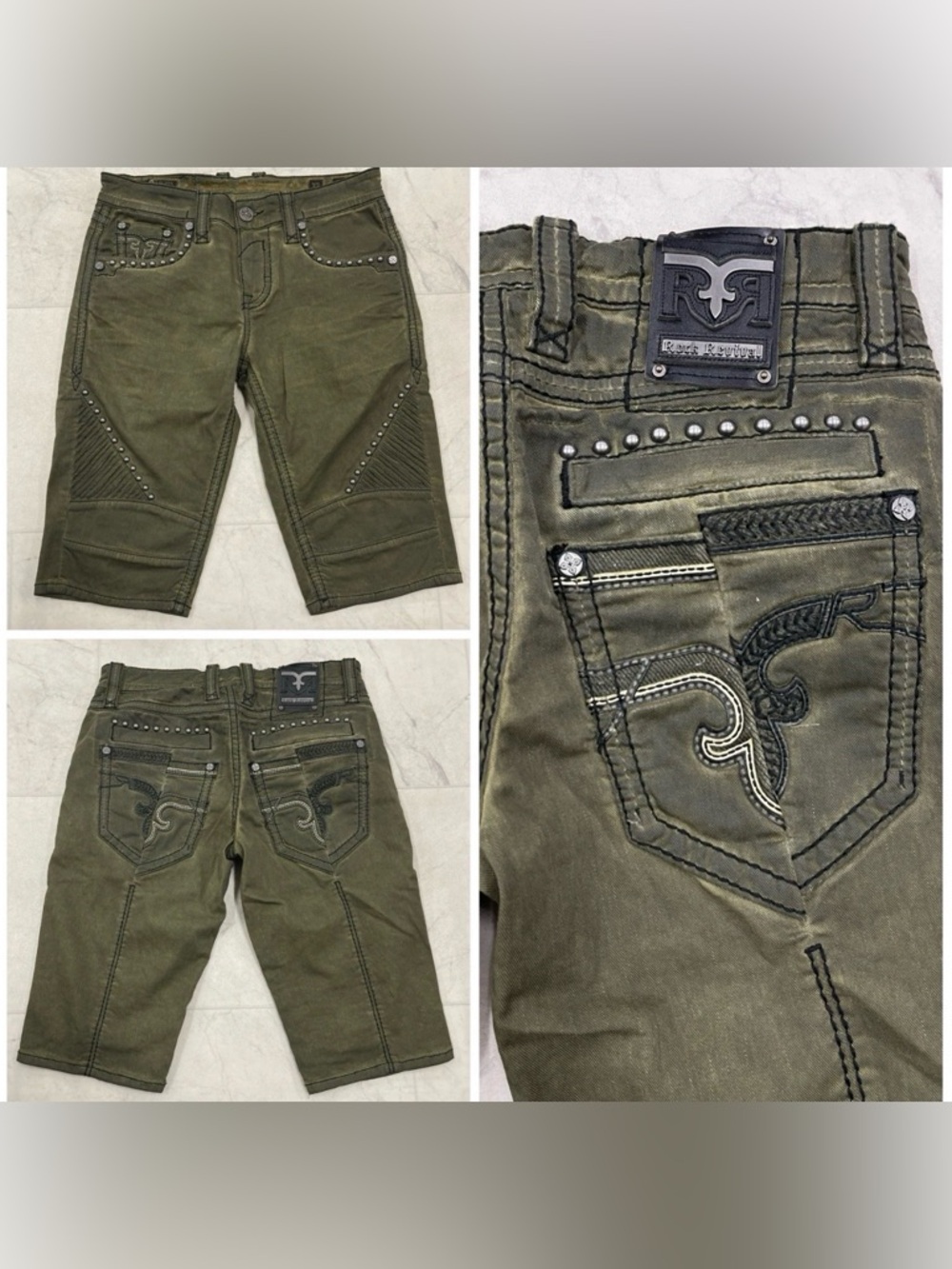 (RV-11)New Rock Revival Men's Haskel Embroidered Denim Shorts In Olive Size:32